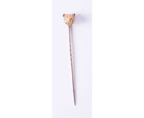 A fine antique yellow gold bulldog stick pin with diamond set eyes, in original Harrods box, 5g.