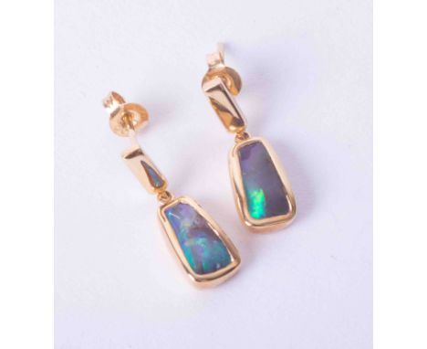 A pair of modern 18ct yellow gold drop earrings set black opal with butterfly backs, approx. 3.40g.