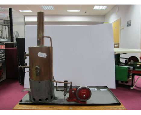 A Vertical Live Steam Copper Boiler, 7 inch by 3 inch, with stack height 11 inch. Fitted with sight class, etc, burner presen