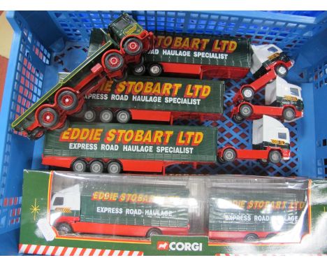 A Corgi Ref No 5G516 Boxed "Eddie Stobard" Volvo Lorry and Trailer, (very good), plus three loose units ERF, Volvo and Scania