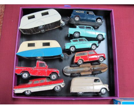 Ten Diecast Vehicles, comprising Dinky #190 Caravan and another (repainted), Chevrolet Impala, Corgi Bedford van Land Rover 1