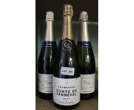 Three bottles of sparkling wine including Comte de Senneval brut champagne and Waitrose Cava (3)