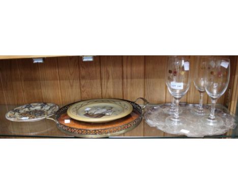 Four stemmed beer glasses, together with a galleried floral decorated tray, an embossed metal tray, and two ceramic plates