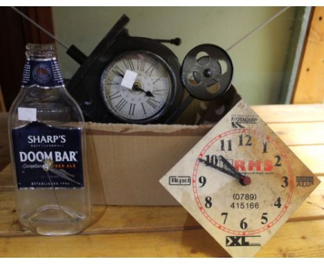 Box containing a clock in the shape of Camera, a vintage Motaquip clock, etc