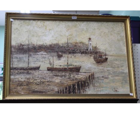 C Lucas, "Harbour Scene" oil painting on canvas, signed, 60cm x 90cm, gilt framed