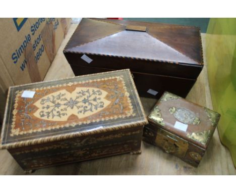 A 19th century mahogany tea caddy, together with a marquetry inlaid jewellery box and one other decorative box (3)