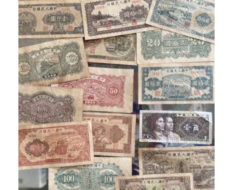 A mixed collection of Chinese items , scroll weights , bank notes coins, brush pot , boxes and scholars polished stone&nbsp;