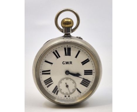 Railwayana Interest: An early 20th century GWR open faced pocket watch,&nbsp;crown wind, having white enamel Roman numeral di