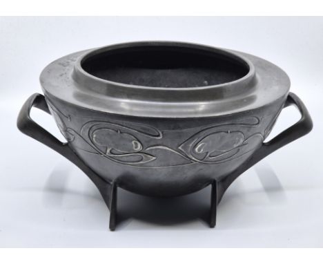 An Archibald Knox for Tudric Pewter twin handled rose bowl, with stylised foliate design, made for Liberty &amp; Co, stamped 