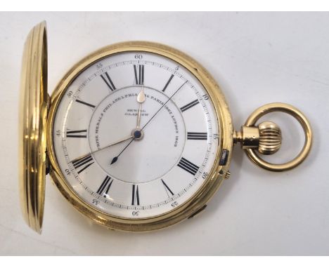 An 18ct. gold Sewill (Glasgow) full hunter pocket watch, crown wind, having signed white enamel dial with raised Roman numera