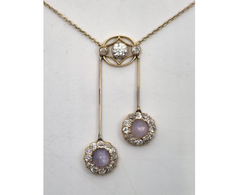 A Continental yellow metal, diamond and sapphire pendant choker necklace, the pierced Art Nouveau style oval pendant collet s