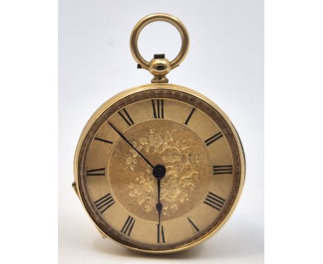 An 18ct. gold open faced ladies' pocket watch, key wind, having gold dial engraved to centre with basket of flowers, Roman nu
