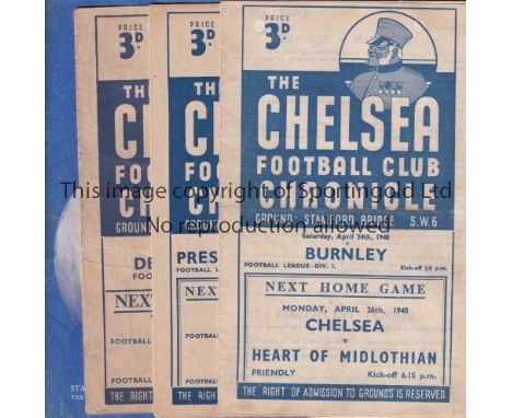 CHELSEA Eleven home programmes v. Burnley, Preston and Derby, worn 47/8, Charlton and Tottenham 51/2, Sheff. Utd.53/4, Presto