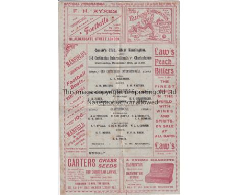 CARTHUSIANS 1900   Matchcard programme, Old Carthusian  Internationals v Charterhouse, 19/12/1900 at Queen's Club, West Kensi