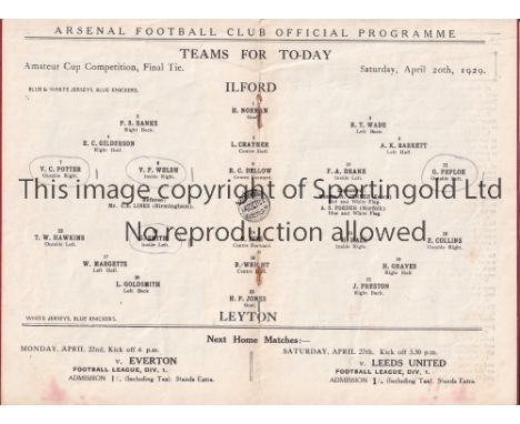 1929 AMATEUR CUP FINAL   Arsenal programme issued for 1929 Amateur Cup Final, Ilford v Leyton at Highbury, 20/4/1929. Ilford 