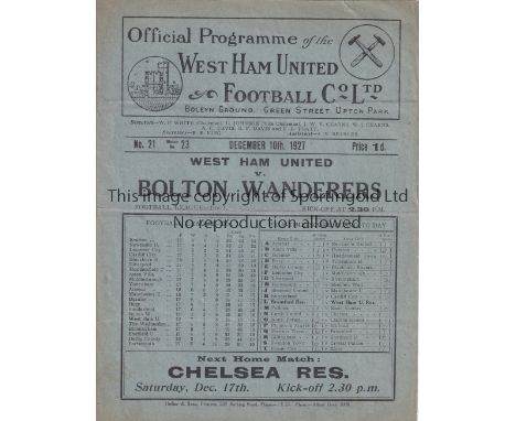 WEST HAM - BOLTON 1927   West Ham home programme v Bolton, 10/12/1927, slight folds, score noted.  Generally good
