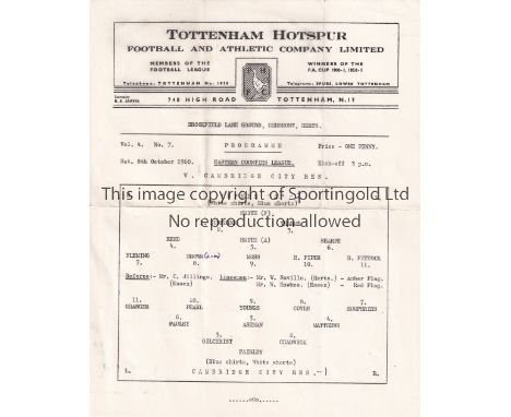 TOTTENHAM     Single sheet programme Tottenham Hotspur 'A' v Cambridge City Reserves Eastern Counties League at Cheshunt 8/10