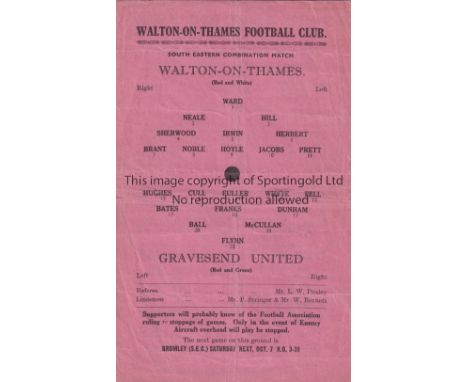 WALTON-ON-THAMES V GRAVESEND UNITED 1944   Single sheet programme for the South Eastern Combination match at Walton30/9/1944,