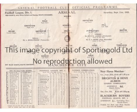 ARSENAL V MANCHESTER CITY 1935     Programme for the League match at Arsenal 21/9/1935, slightly creased.    Generally good