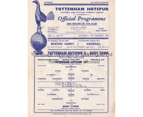 TOTTENHAM     Single sheet programme Tottenham Hotspur 'A' v Bury Town Eastern Counties League at White Hart Lane 17/1/1959. 