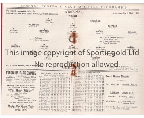 ARSENAL V CHELSEA 1936     Programme for the League match at Arsenal 27/4/1936, staples rusted away.    Generally good