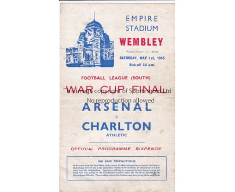 1943 WAR CUP FINAL   Official programme, 1943 Football League South War Cup Final, Arsenal v Charlton , 1/5/43 at Wembley, fo