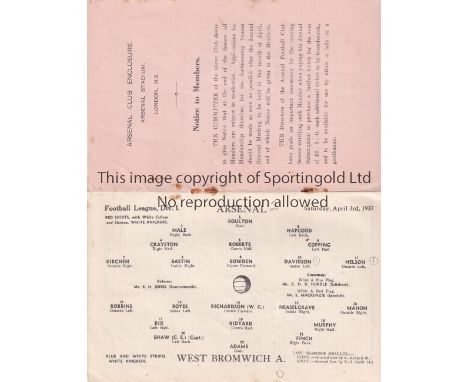 ARSENAL V WEST BROMWICH ALBION 1937    Programme for the League match at Arsenal 3/4/1937, slightly rusty staples.    General