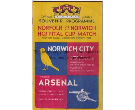 NORWICH - ARSENAL 1935    Norwich home programme v Arsenal, 6/5/1935, Norfolk &amp; Norwich Hospital Cup Match, special colou