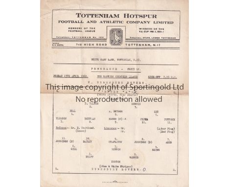 TOTTENHAM    Single sheet programme Tottenham Hotspur 'A' v Eynesbury Rovers Eastern Counties League at White Hart Lane 13/4/