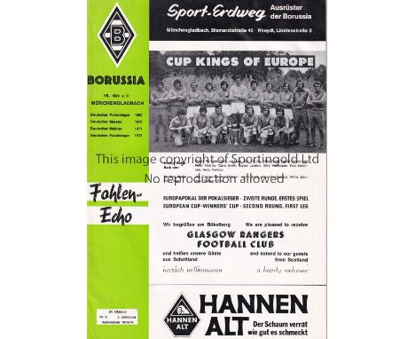 BORUSSIA G'BACH  - RANGERS 73   Scarce Borussia Monchengladbach home programme v Rangers, 24/10/73 , Fohlen Echo. European Cu