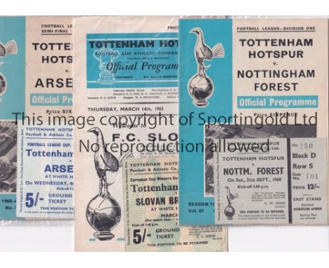 TOTTENHAM HOTSPUR       Three home programmes with tickets v. Slovan Bratislava 62/3 ECWC, Nottingham Forest 68/9 and Arsenal