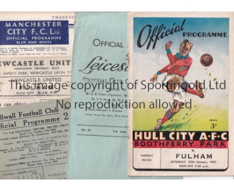 FULHAM 46-7  Nine Fulham away programmes, 46/7, includes friendly at Hull 25/1/47 and League at West Brom, Leicester (7/6/47)