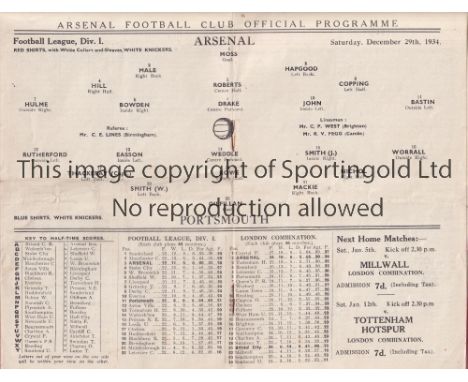 ARSENAL V PORTSMOUTH 1934     Programme for the League match at Arsenal 29/12/1934, very slightly creased.    Generally good