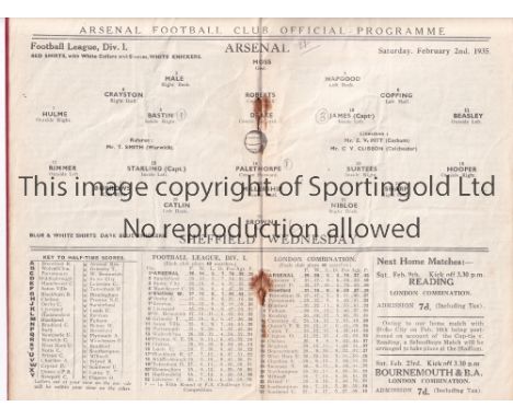 ARSENAL V SHEFFIELD WEDNESDAY 1935     Programme for the League match at Arsenal 2/2/1935, very slightly creased and slightly