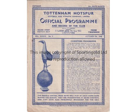 TOTTENHAM HOTSPUR       Programme for the scarce Tottenham home League match v Newport County 7/10/1946, slightly creased, ve