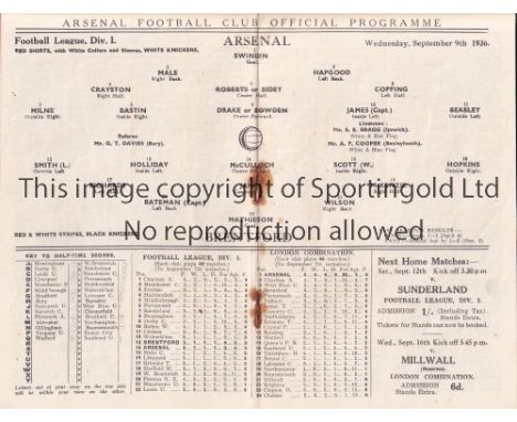 ARSENAL V BRENTFORD 1936     Programme for the League match at Arsenal 9/9/1936, staples rusted away.    Generally good