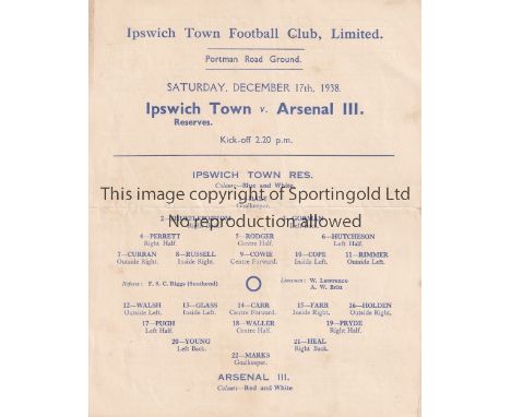 IPSWICH TOWN V ARSENAL 1938      Scarce single card programme for the Southern League match at Portman Road, Ipswich 17/12/19