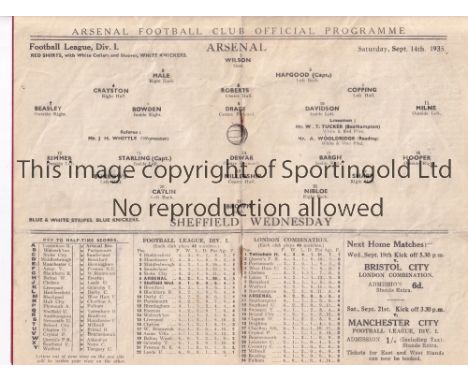 ARSENAL V SHEFFIELD WEDNESDAY 1935     Programme for the League match at Arsenal 14/9/1935, slightly creased.    Generally go