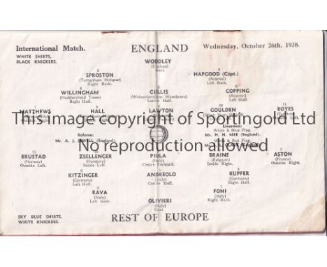 ENGLAND V REST OF EUROPE 1938   Programme for the international at Arsenal FC 26/10/1938, horizontal fold and slightly marked