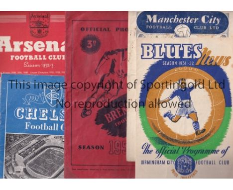 CARDIFF CITY     Ten away programmes v. Man. City 50/1 creased and slightly marked, Brentford 50/1 creased, QPR, Birmingham a