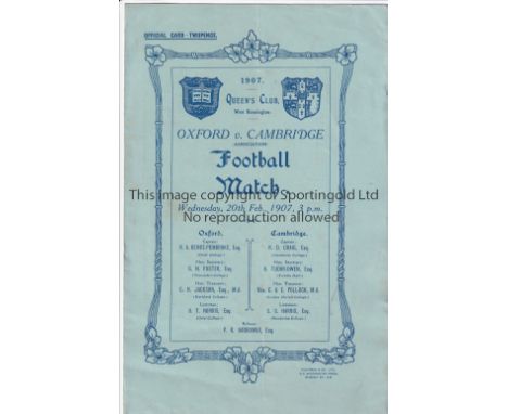 OXFORD - CAMBRIDGE 1907   Four page programme, Varsity match, Oxford University v Cambridge University, 20/2/1907 at Queen's 