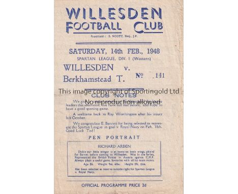 WILLESDEN V BERKHAMPSTEAD TOWN 1948     Programme for the Spartan League match at Willesden, v Berko,  14/2/1948, creased and