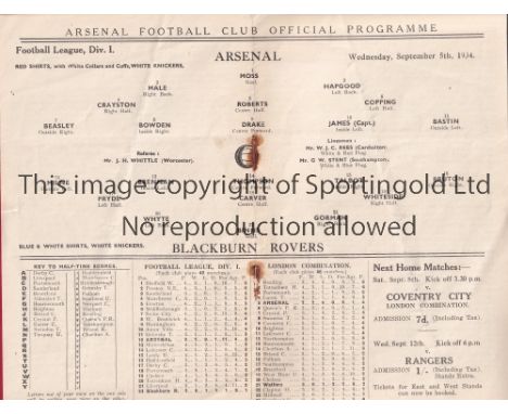 ARSENAL V BLACKBURN ROVERS 1934   Programme for the League match at Arsenal 5/9/1934,  very slightly creased and staples rust