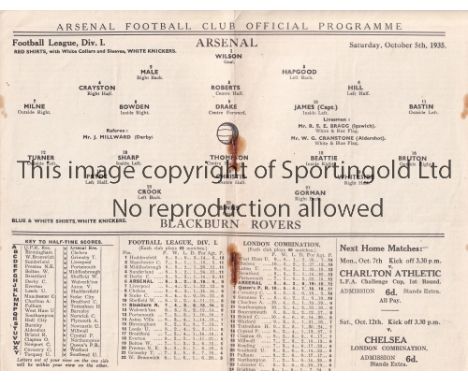 ARSENAL V VLACKBURN ROVERS 1935     Programme for the League match at Arsenal 5/10/1935, staples rusted away.    Generally go