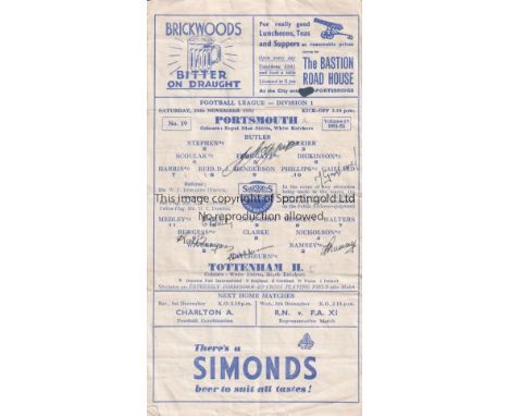 PORTSMOUTH / TOTTENHAM HOTSPUR / AUTOGRAPHS    Programme for the League match at Portsmouth 24/11/1951 signed on the line-up 