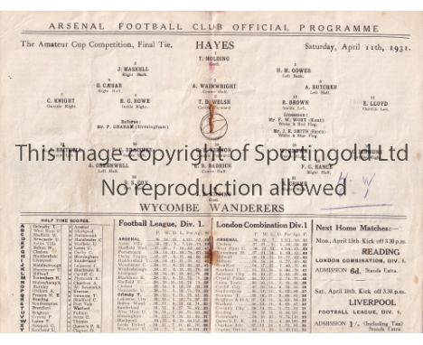 1931 AMATEUR CUP FINAL   Arsenal programme issued for the 1931 Amateur Cup Final, Wycombe Wanderers v Hayes, 11/4/1931 at Hig