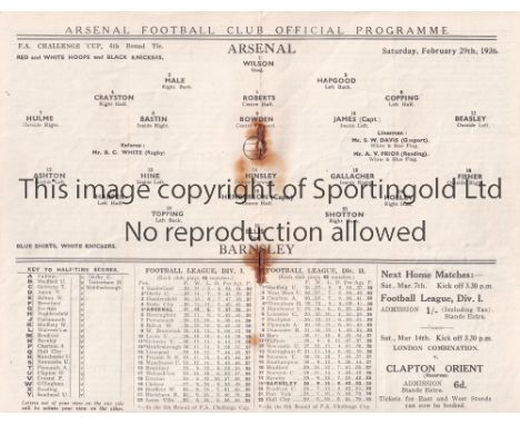 ARSENAL V BARNSLEY 1936     Programme for the FA Cup tie at Arsenal 29/2/1936, staples rusted away and rust marks. Arsenal wo