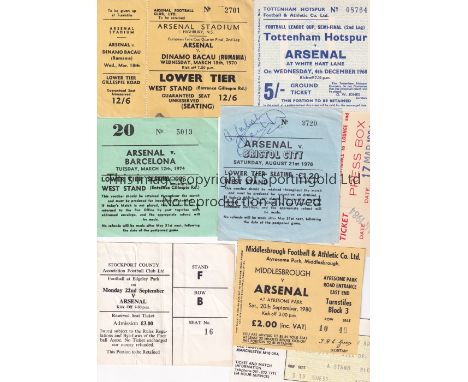 ARSENAL TICKETS       Eight tickets. Homes: unused v. Dinamo Bacau 69/70 Fairs Cup, Barcelona 1973/4 Testimonial and Bristol 