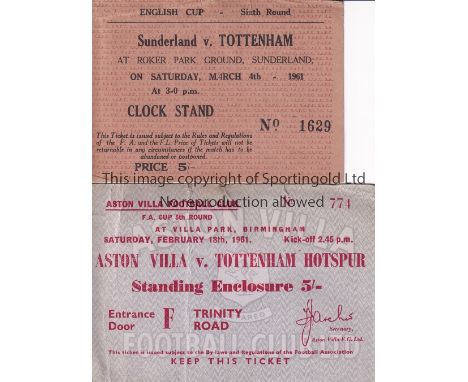 TOTTENHAM       Two Tottenham away FA Cup tickets from the 1960/61 Double season v Aston Villa 5th Round and Sunderland 6th R