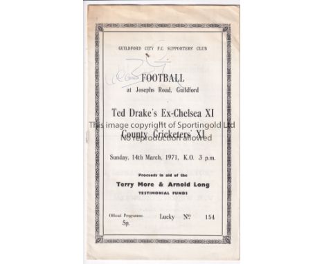 CHELSEA / GUILDFORD   Football programme Ted Drake's Ex Chelsea X1 v County Cricketers' X1 played at Guildford City's Ground 